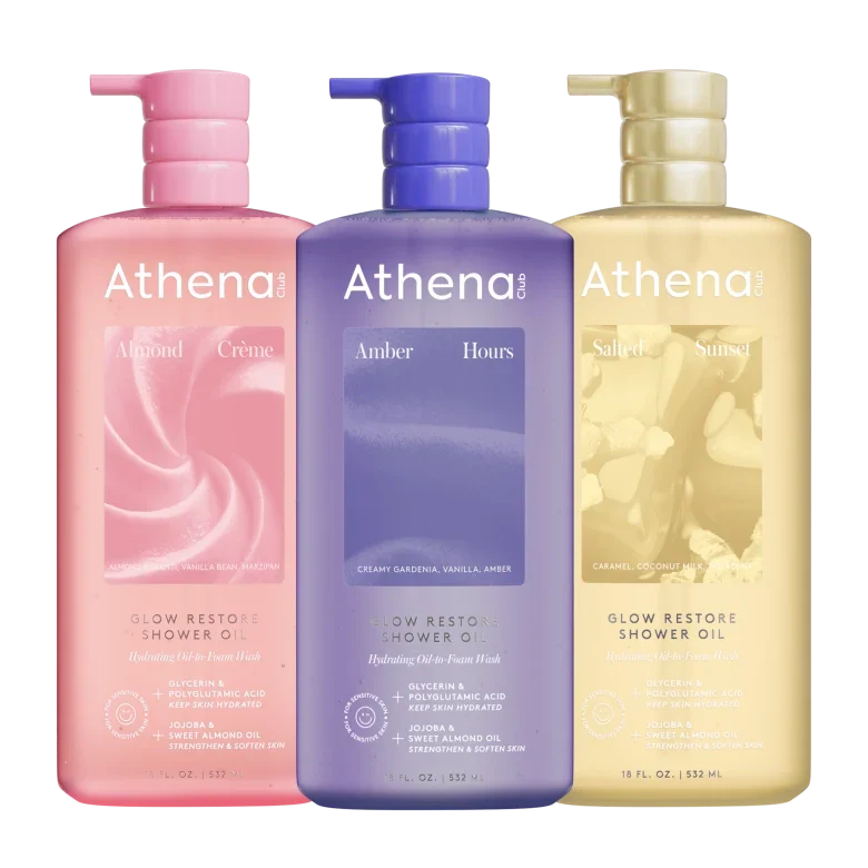 Glow Restore Shower Oil Trio L2 Almond Creme, Amber Hours, Salted Sunset